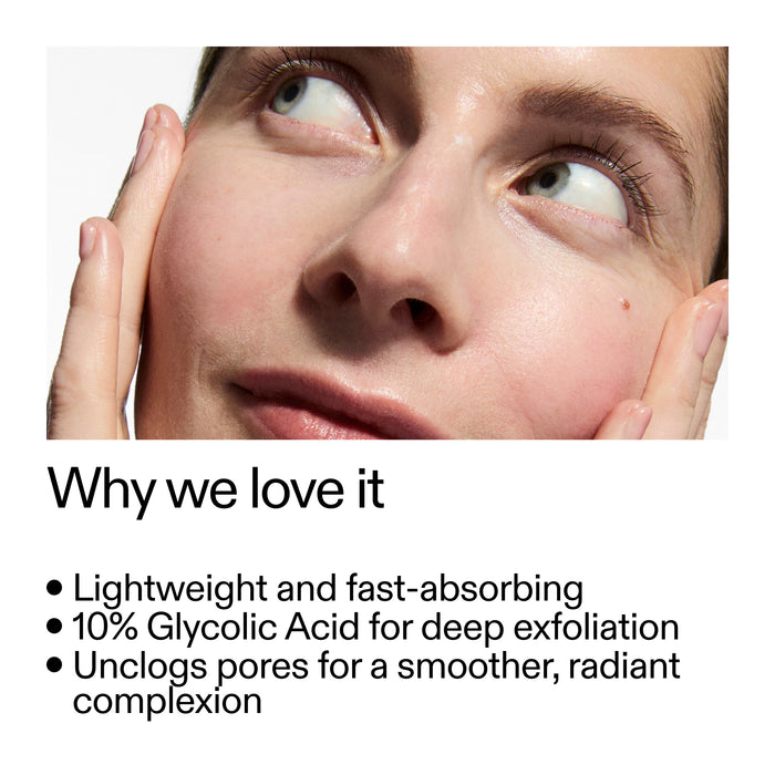 Close-up of a person's face with text about Glycolic Acid Toner product benefits.