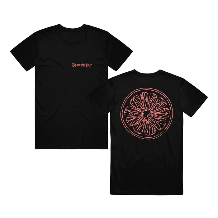 Saves The Day Black Grapefruit T-Shirt shown front and back; front has small red "Savor the Day" text on the left chest, back features a large red citrus slice line art. Printed on premium Gildan Hammer fabric.