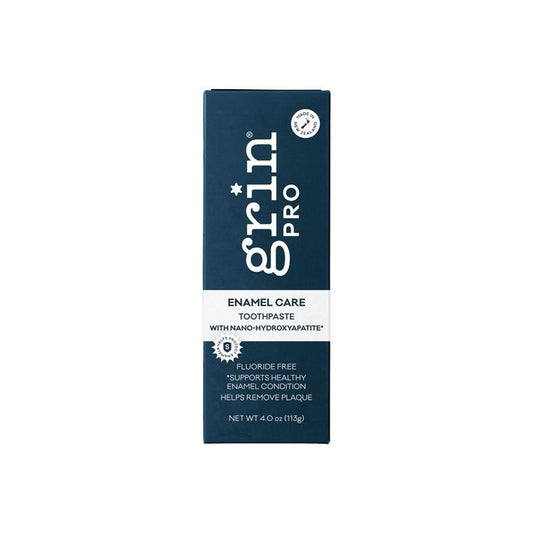 Grin Pro Enamel Care Toothpaste with Nano-Hydroxyapatite 113g navy box on white background, fluoride free, made in New Zealand