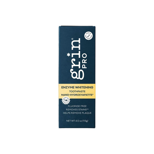 Grin Pro Enzyme Whitening Toothpaste + Nano-Hydroxyapatite 113g dark teal box with yellow band on white background.