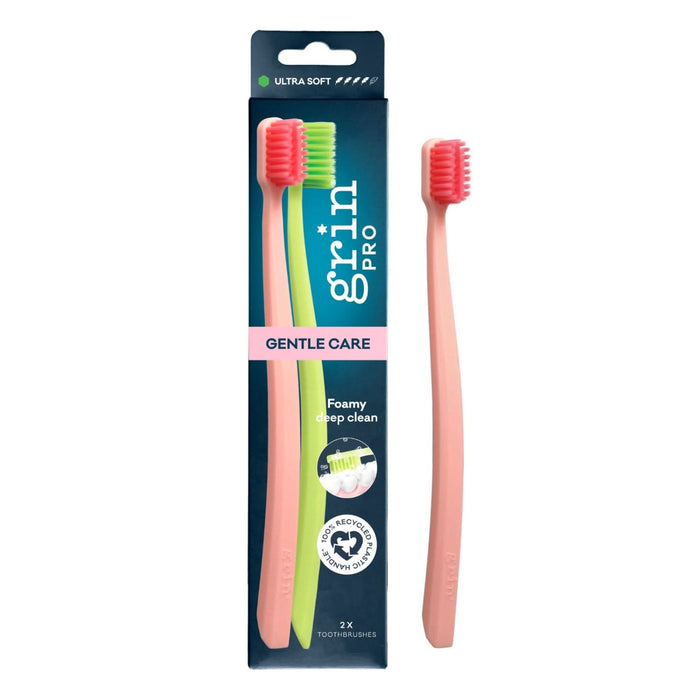 Grin Pro Ultimate Gentle Care Toothbrush Ultra Soft Green & Pink 2 Pack