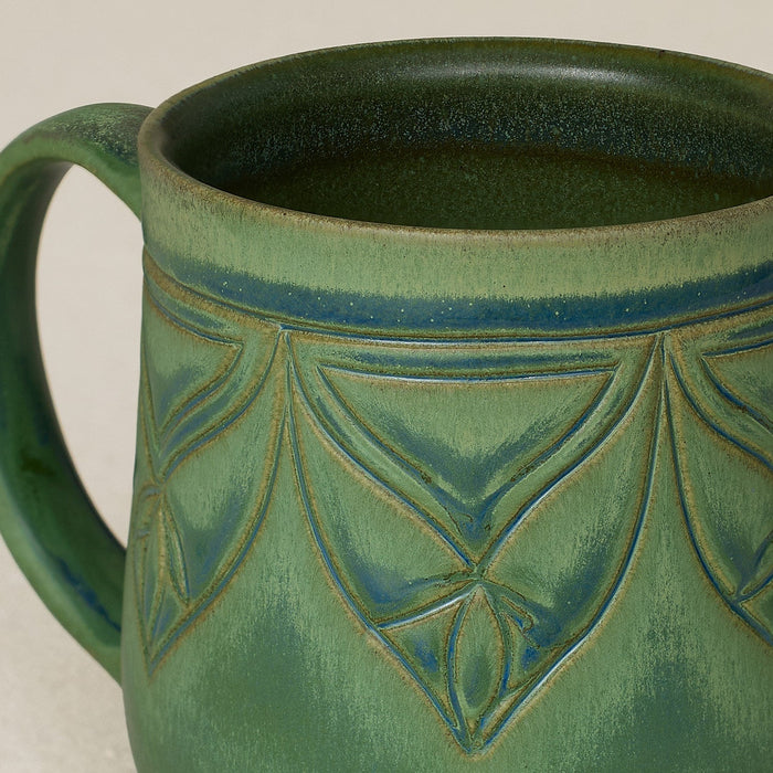 Close-up details of hand-thrown mug by Rookwood