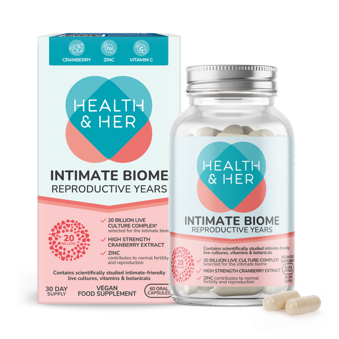 Health & Her Intimate Biome Reproductive Years box and bottle with capsules on white background, labelled 60 oral capsules vegan food supplement
