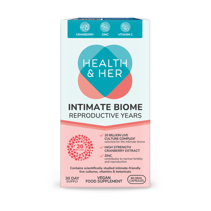Health & Her Intimate Biome Reproductive Years box on white background, teal and pink design, 60 capsules, vegan supplement.