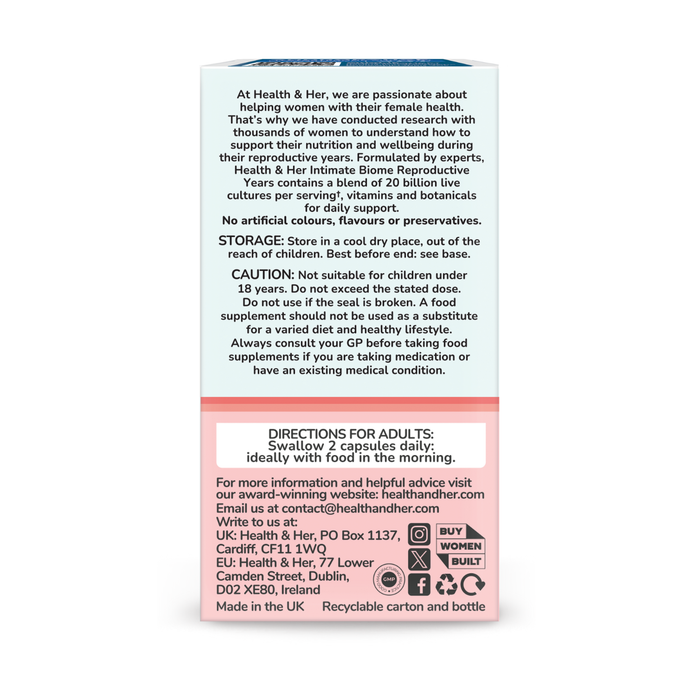 Health & Her Intimate Biome Reproductive Years supplement box back panel on white background, showing storage, caution and directions text.