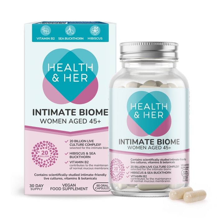 Health & Her Intimate Biome Women 45+ box and glass bottle with capsules, labelled "60 Oral Capsules, 30 Day Supply", white background
