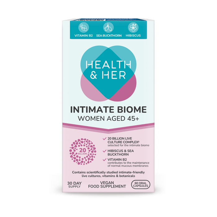 Health & Her Intimate Biome Women 45+ box on white background, showing 60 capsules, 30-day supply, vegan food supplement.