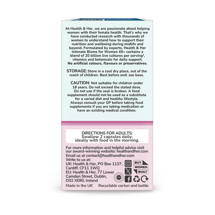 Health & Her Intimate Biome Women 45+ Supplement box back on white background, showing storage, caution, and directions: swallow 2 capsules daily.