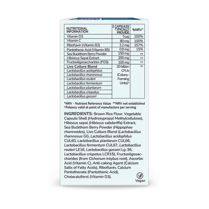 Health & Her Intimate Biome Women 45+ Supplement box side panel showing nutritional information, ingredients list and Vegan symbol on white background.