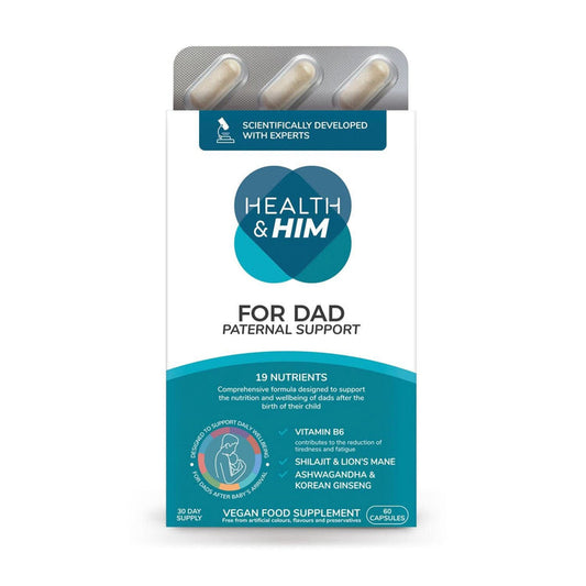 Health & Him For Dad 60 Capsules box on white background, teal packaging showing "Paternal Support, 19 Nutrients, Vegan Food Supplement"