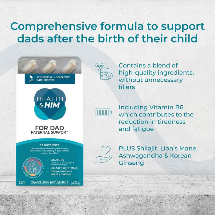 Health & Him For Dad 60 Capsules box with blister pack on grey background, listing 19 nutrients, Vitamin B6, Shilajit and Korean Ginseng.