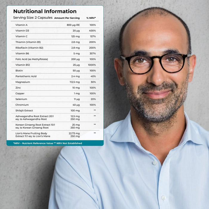 Health & Him For Dad nutritional information panel showing vitamins and minerals per serving, beside a smiling man on a grey background.