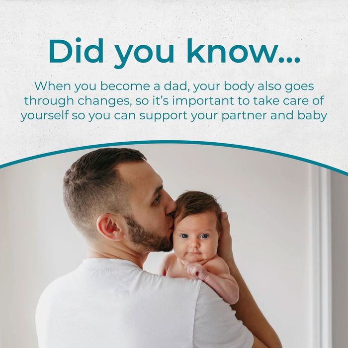 Health & Him For Dad informational graphic on light grey background, man in white t-shirt kissing baby, teal text reads "Did you know..."