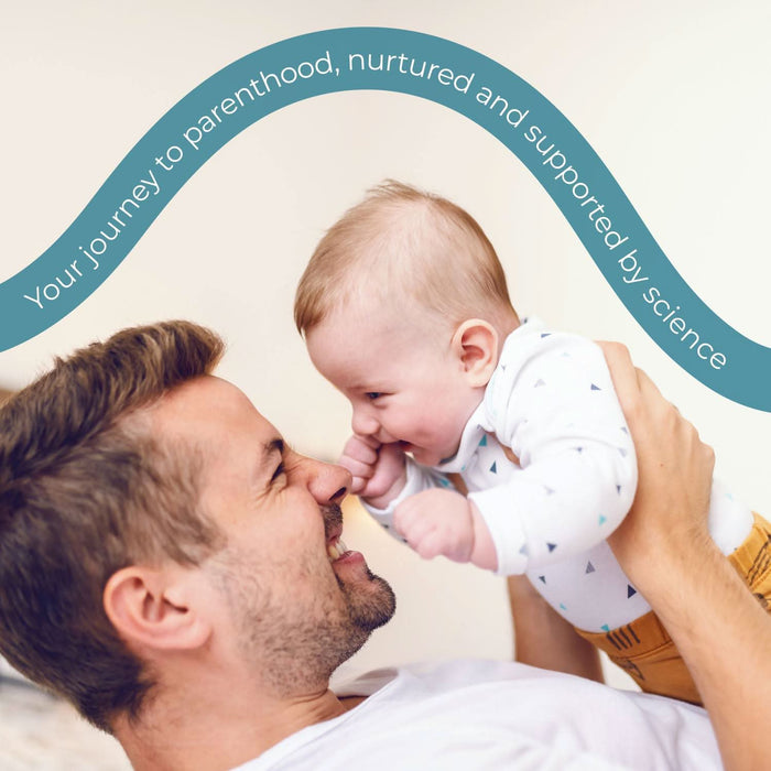 Health & Him For Dad lifestyle image: man holding smiling baby on cream background, teal banner reads "Your journey to parenthood, nurtured and supported by science"