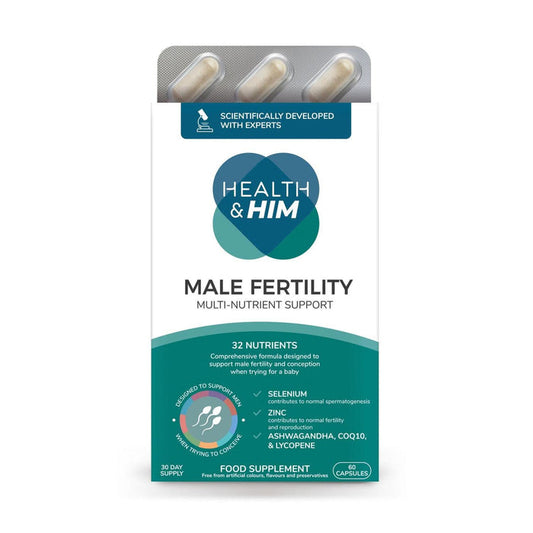Health & Him Male Fertility 60 Capsules white box with teal branding, blister pack capsules visible on top, white background.