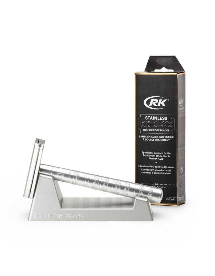 Henson safety razor with stand and blades in packaging
