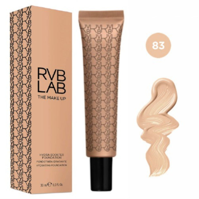 Hydra Booster Foundation shade 83 in a beige tube, shown with a creamy swatch beside it.