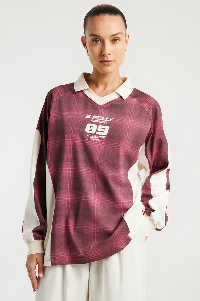 Josie Long Sleeve Polo | Burgundy Check