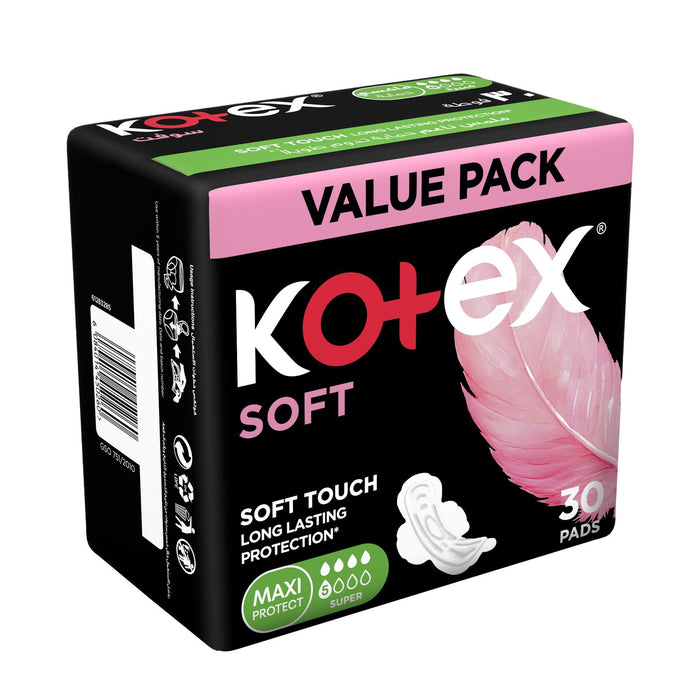 Kotex Soft Super Maxi Protect Sanitary Pads Value Pack, 30 Pieces