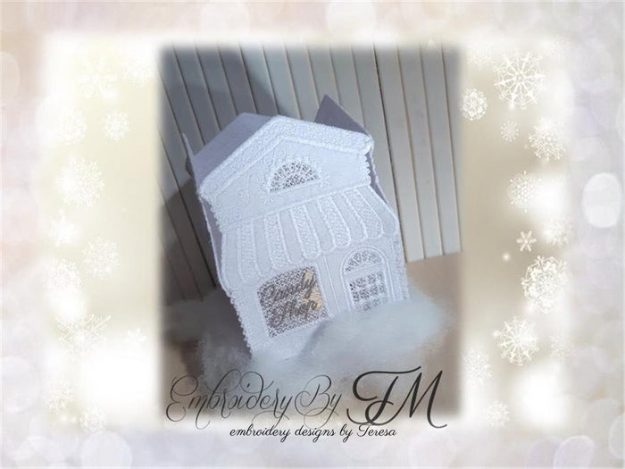 Lantern or window decoration / House No.2 / Combination of felt and lace