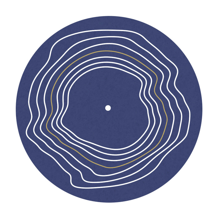A circular blue Gatherers Slip Mat showcases concentric, irregular white and gold contour lines radiating from the center, resembling a topographic map—an eye-catching accessory for any turntable.