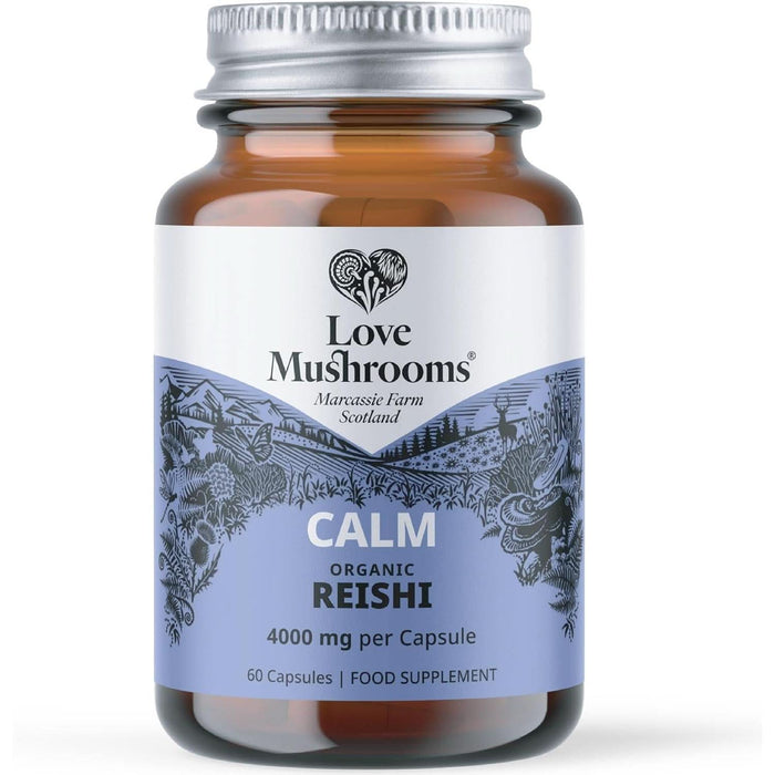 Love Mushrooms Calm Reishi 4000mg amber glass jar, blue label, silver lid, "60 Capsules Food Supplement", white background
