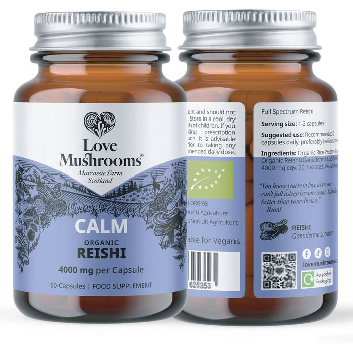 Love Mushrooms Calm Reishi 4000mg 60 Capsules in amber glass jars, front and back labels, white background.