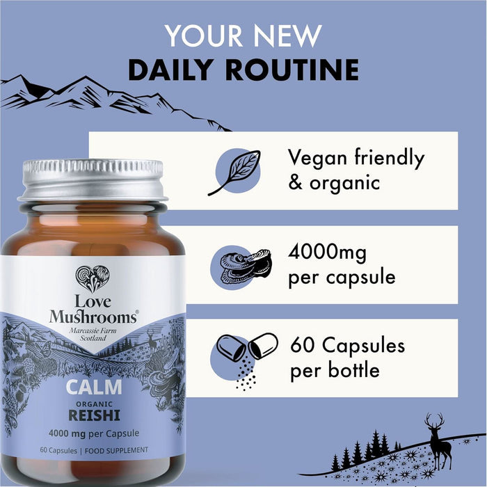 Love Mushrooms Calm Reishi 4000mg 60 Capsules bottle on blue background with text: Your New Daily Routine, vegan friendly & organic.