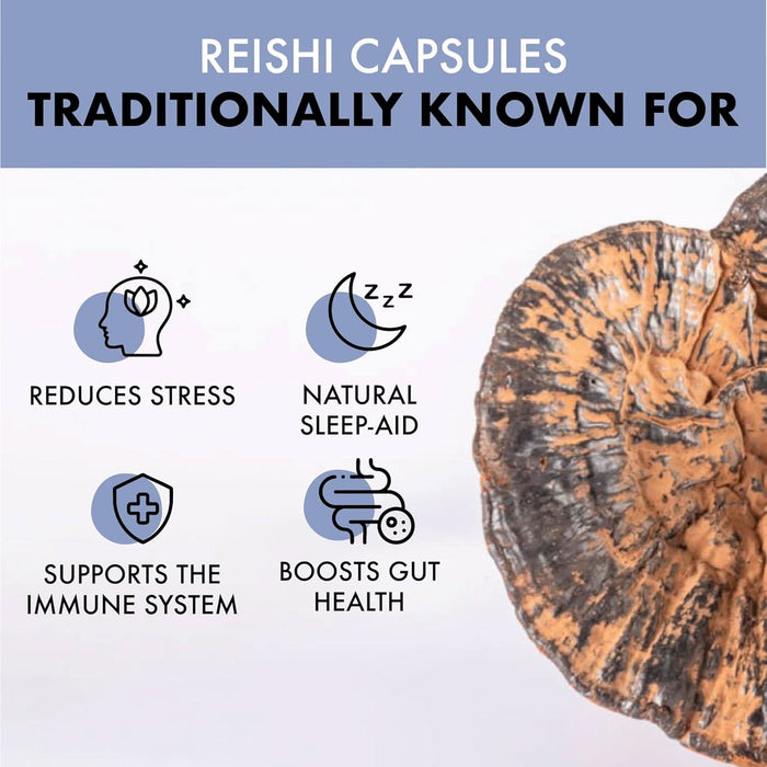 Love Mushrooms Calm Reishi Capsules infographic on white-blue background showing reduces stress, natural sleep-aid, immune system and gut health icons.