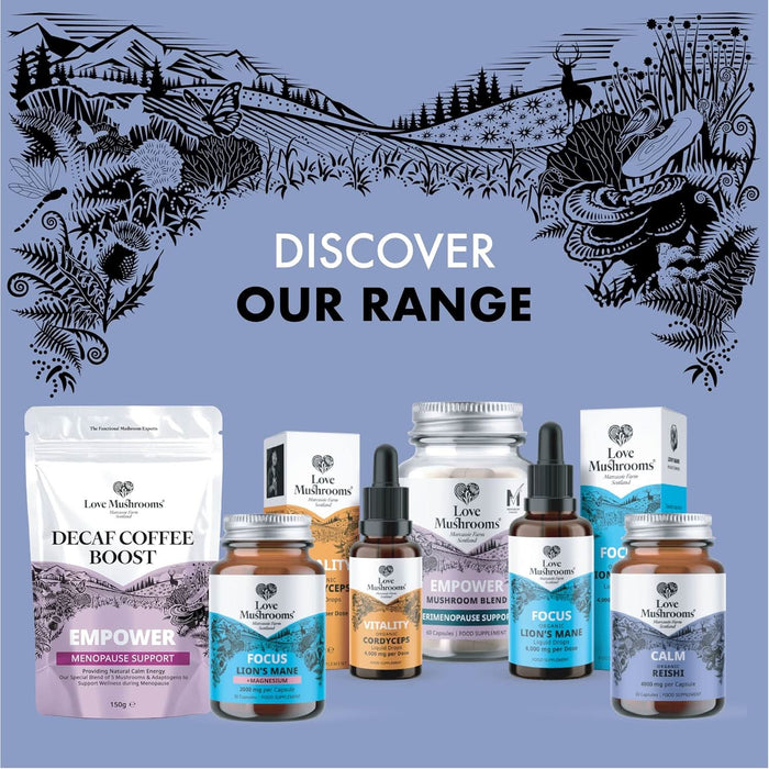 Love Mushrooms product range on blue-purple background including Calm Reishi 4000mg capsules, text reads "Discover Our Range"