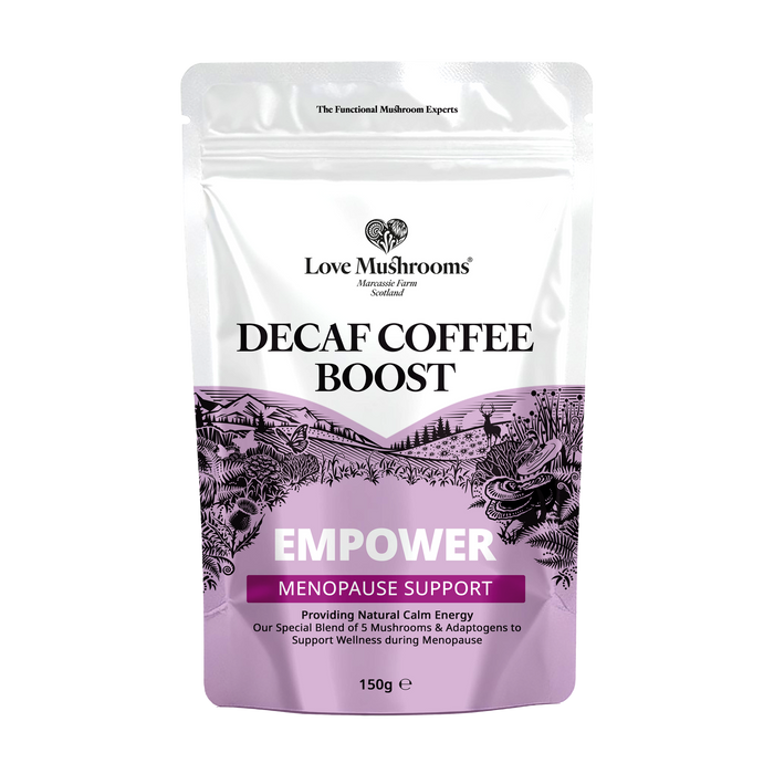 Love Mushrooms Empower Menopause Decaf Coffee 150g pouch, white and lilac with nature illustration, reading "Decaf Coffee Boost Empower Menopause Support"