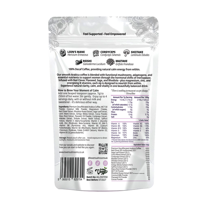Love Mushrooms Empower Menopause Decaf Coffee 150g back of silver pouch on white background showing ingredients, nutrition table and mushroom icons.
