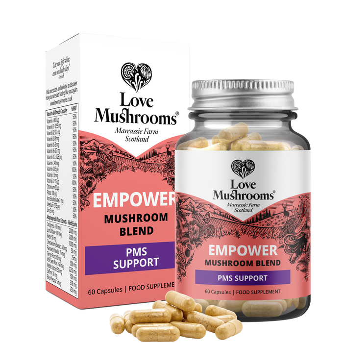 Love Mushrooms Empower PMS Support Mushroom Blend 60 Capsules bottle and box on white background, with loose capsules