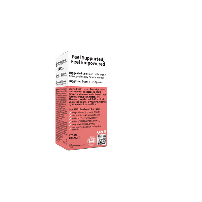 Love Mushrooms Empower PMS GO 60 Capsules box back panel in coral-pink and white on white background, showing ingredients and dosage info.