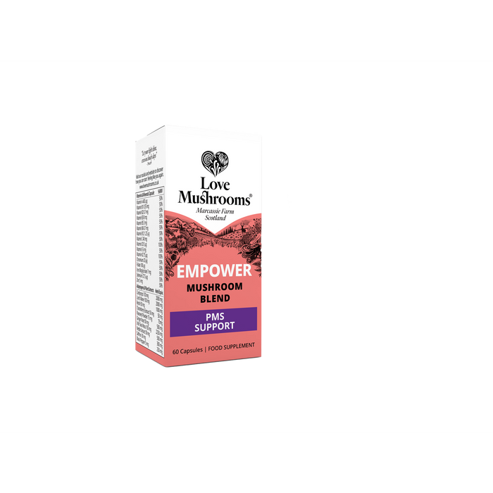 Love Mushrooms Empower PMS Support Mushroom Blend 60 Capsules box, pink and white packaging on white background.