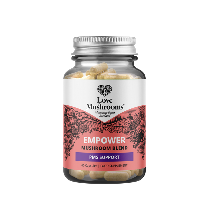 Love Mushrooms Empower PMS GO 60 Capsules in a glass jar with silver lid on white background, label reads "Empower Mushroom Blend PMS Support"
