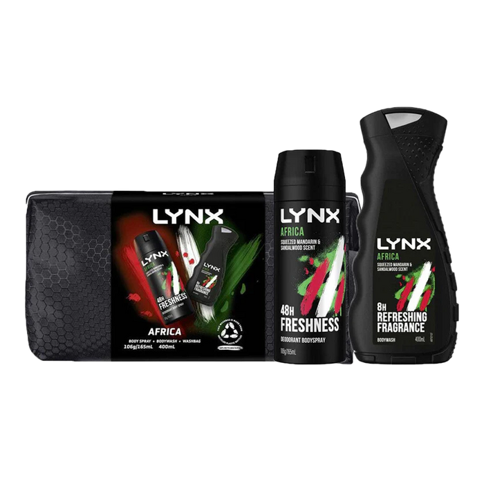 Lynx Africa 3 Piece Washbag Gift Set with body wash, body spray and anti-perspirant