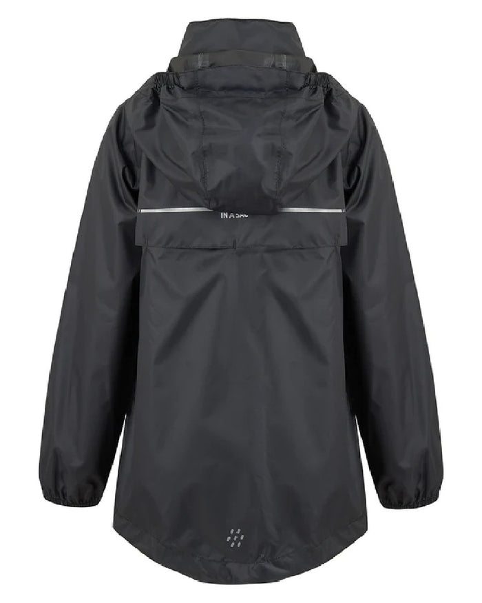 Black Coloured Mac In A Sac Mini Origin Packable Waterproof Jacket on white background #colour_black