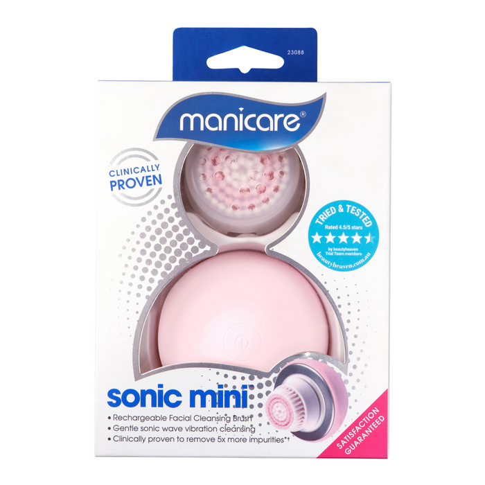 Manicare Sonic Mini rechargeable facial cleansing brush with waterproof design for deep pore cleansing and clear skin