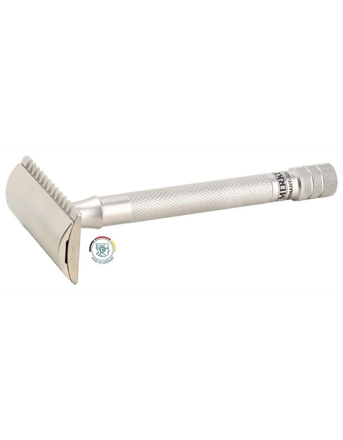 Stainless steel Merkur open comb safety razor with long textured handle and open tooth head, designed for precise shaving, made in Germany - SKU: MERKUR25006