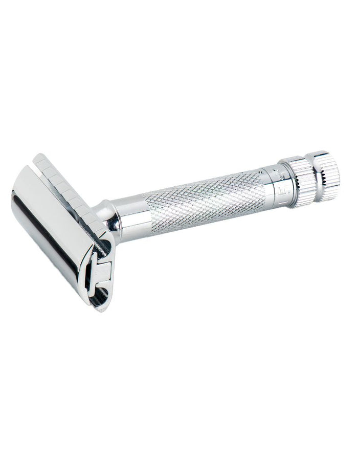 Chrome Merkur 34 ADJ adjustable safety razor with textured handle and safety guard, ideal for precise shaving, SKU: MERKUR34501