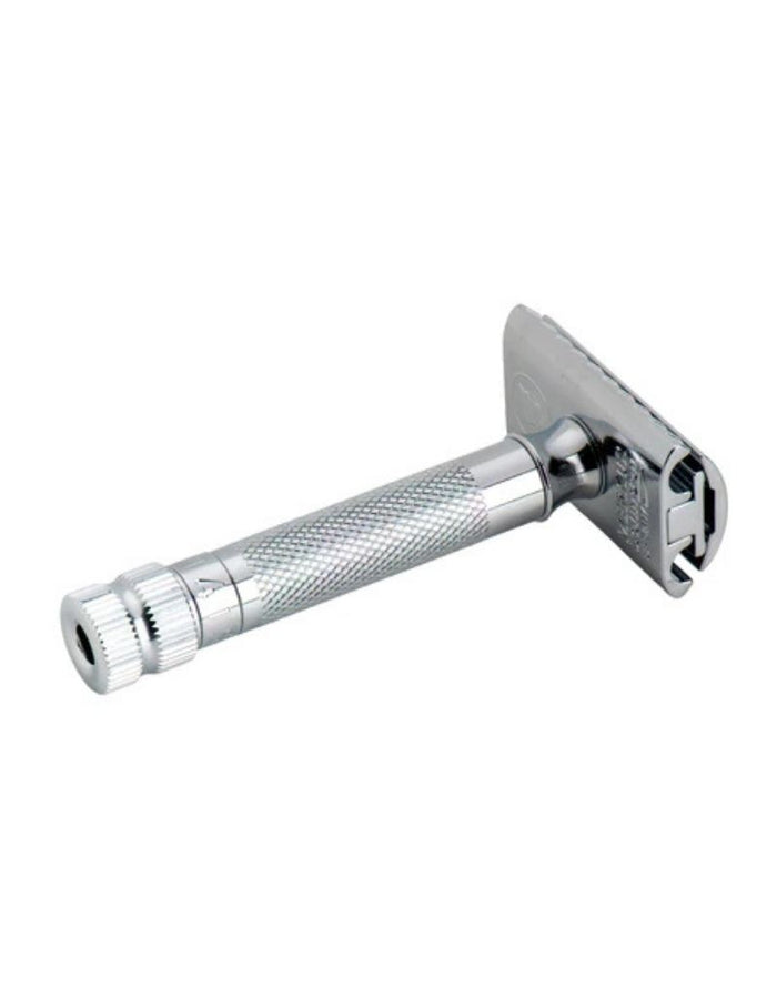 Side view of chrome Merkur 34 ADJ safety razor with textured grip and adjustable dial for shaving control, SKU: MERKUR34501