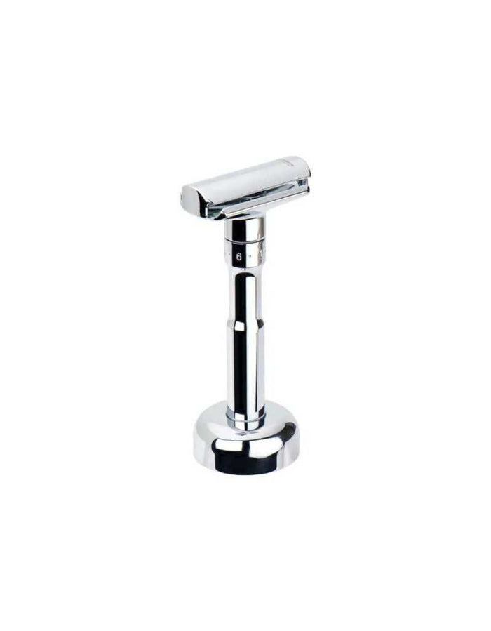 Chrome safety razor on stand