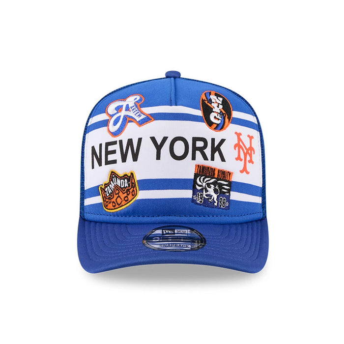 Pictured is this MLB X Coming To America New York Mets 9FIFTY A-Frame Snapback Adjustable cap in blue. 3