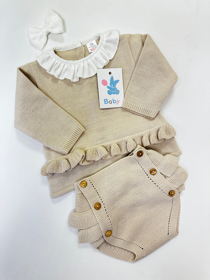 Mia Bella 2 Piece Knitted Frilled Jam Pants Set C5514A Camel