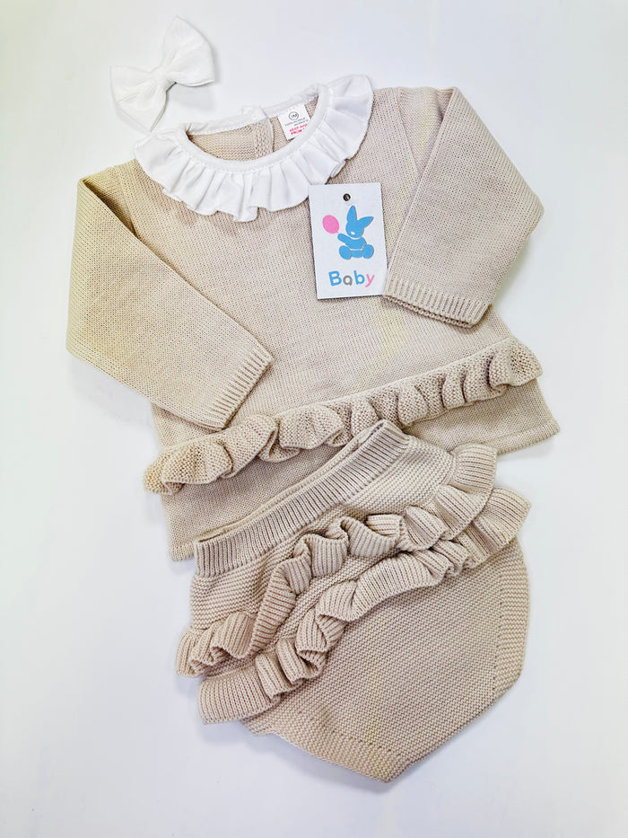Mia Bella 2 Piece Knitted Frilled Jam Pants Set C5514A Camel