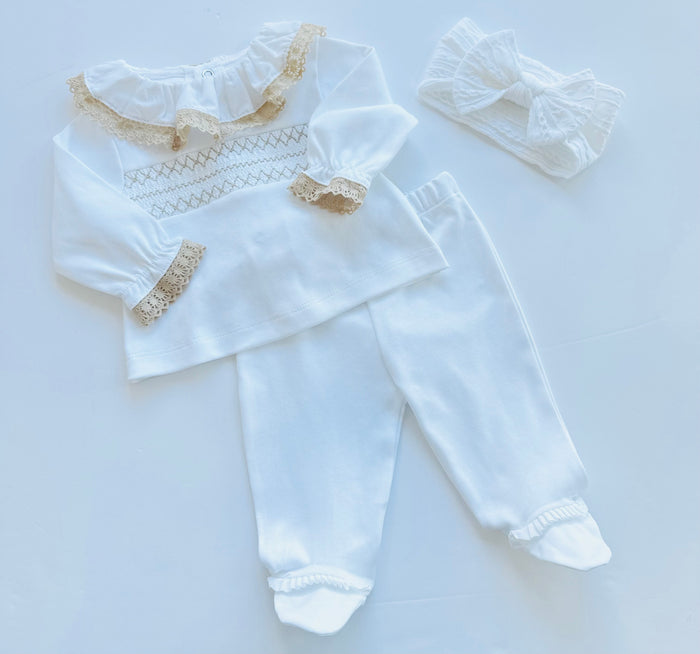 MIA BELLA 2 Piece Smocked Style Set White/Camel