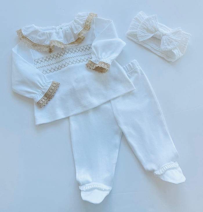 MIA BELLA 2 Piece Smocked Style Set White/Camel