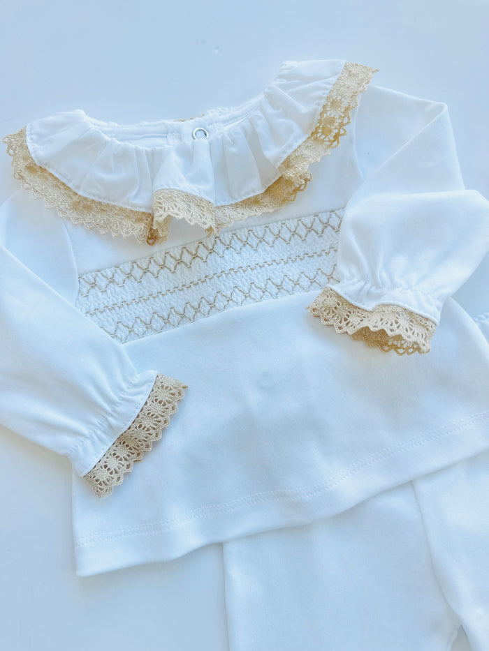 MIA BELLA 2 Piece Smocked Style Set White/Camel
