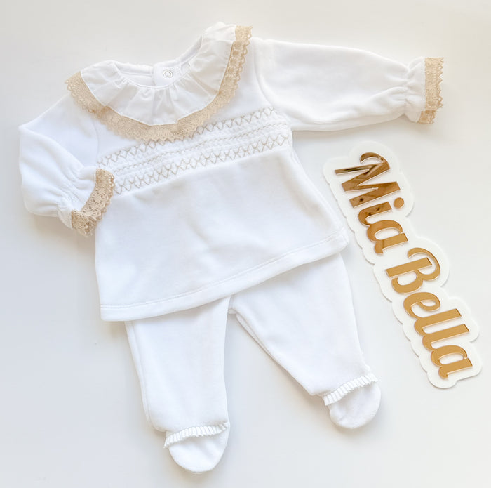 MIA BELLA 2 Piece Velour Smocked Style Set White/Camel